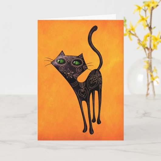 Zwarte Mexicaanse Dag van de Dode Kat Kaart (Gele Bloem)