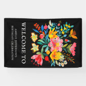 Zwarte Mexicaanse Fiesta Bloemen Party Welkom Spandoek (Horizontaal)
