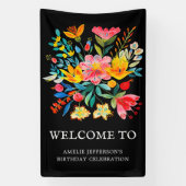 Zwarte Mexicaanse Fiesta Bloemen Party Welkom Spandoek (Verticaal)