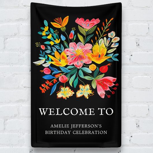 Zwarte Mexicaanse Fiesta Bloemen Party Welkom Spandoek