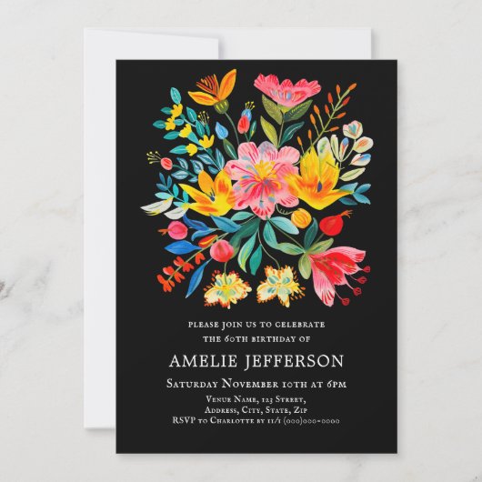 Zwarte Mexicaanse Fiesta Bloemen Thema Verjaardag Kaart (Voorkant)