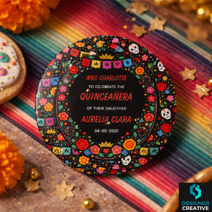 Zwarte Mexicaanse Fiesta Bloemenkroon Gouden Tiara Ronde Button 3,2 Cm