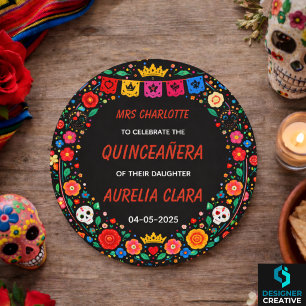 Zwarte Mexicaanse Fiesta Bloemenkroon Gouden Tiara Ronde Sticker