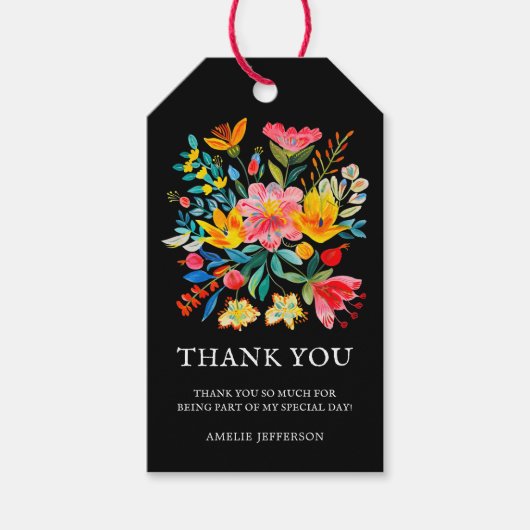 Zwarte Mexicaanse Fiesta Floral Theme Favoriet Cadeaulabel (Voorkant)