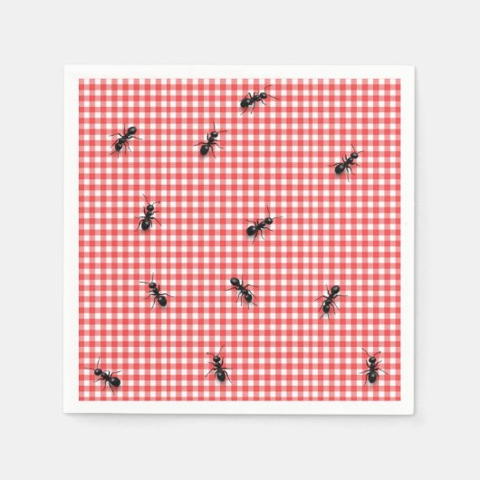 Zwarte mieren op wit en rood geruit servet (Voorkant)