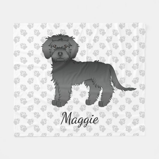 Zwarte Mini Goldendoodle Cartoon Hond & Naam Fleece Deken (Voorkant (Horizontaal))