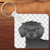 Zwarte Mini Goldendoodle Cartoon Hond & Naam Sleutelhanger (Voorkant)