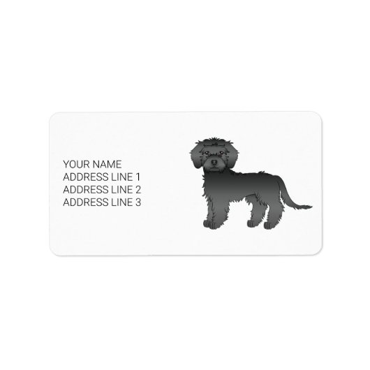 Zwarte Mini Goldendoodle Cartoonhond & Tekst Etiket (Voorkant)