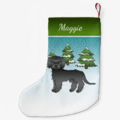 Zwarte Mini Goldendoodle - Winterbos & Naam Kleine Kerstsok (Achterkant)