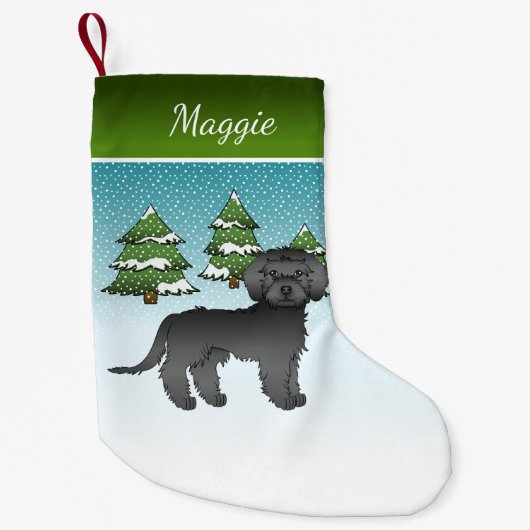 Zwarte Mini Goldendoodle - Winterbos & Naam Kleine Kerstsok (Voorkant)