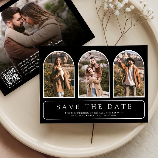 Zwarte Minimaal Boog Foto Collage QR Code Trouwen Save The Date