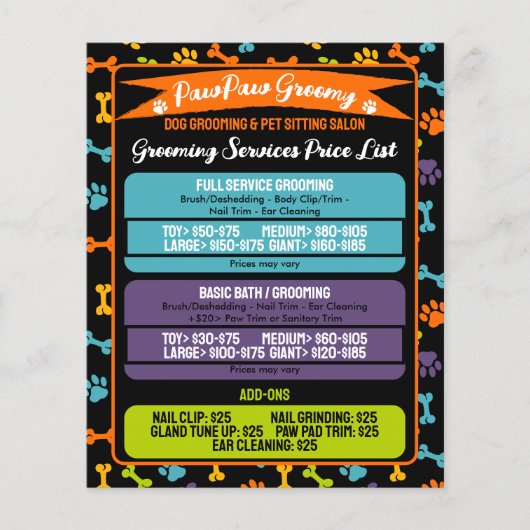 Zwarte Minimaal moderne Paws Hondenverzorging Prij Flyer (Voorkant)