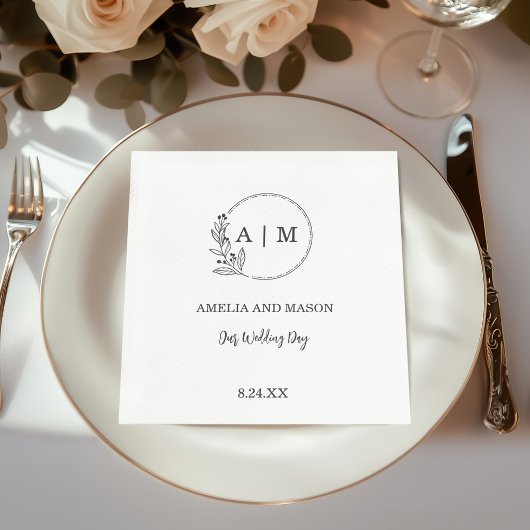 Zwarte Minimale Bloemige Monogram Bruiloft Servet