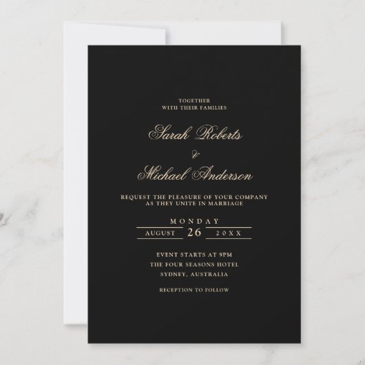 Zwarte Minimale Kalligrafie Gold Script Wedding Kaart (Voorkant)