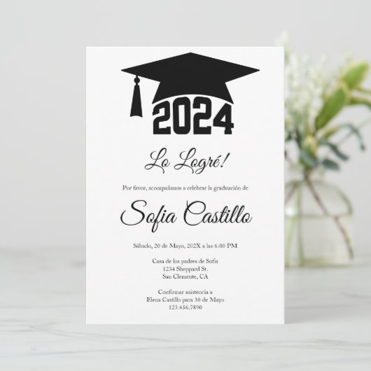 Zwarte minimalistische afstuderen-uitnodiging kaart (Staand voorkant)