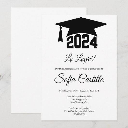 Zwarte minimalistische afstuderen-uitnodiging kaart (Voorkant / Achterkant)