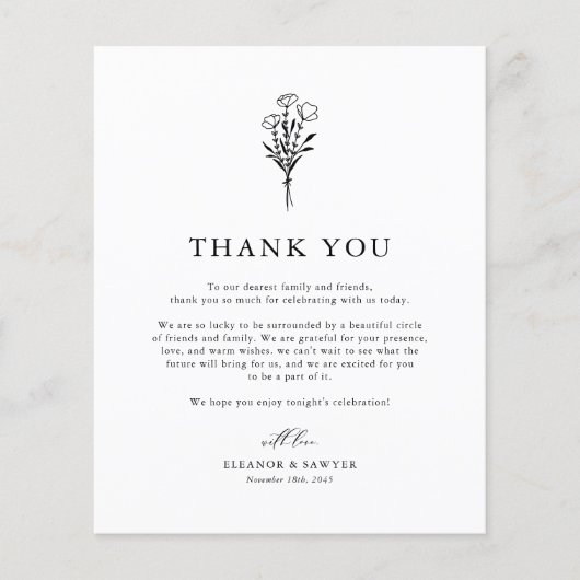 Zwarte minimalistische Botanicals bruiloft Dank u (Voorkant)