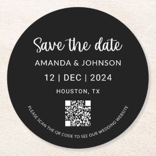 Zwarte minimalistische bruiloft Bewaar de datum QR Ronde Kartonnen Onderzetter