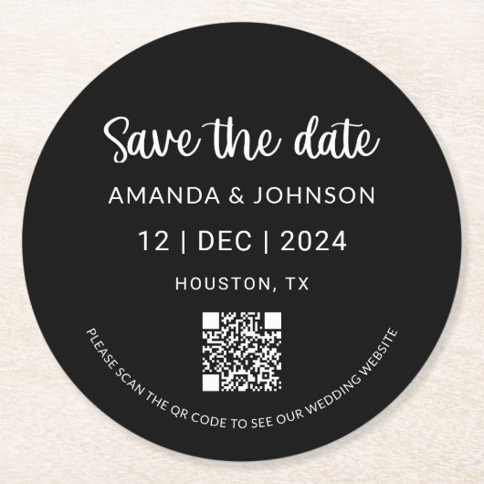 Zwarte minimalistische bruiloft Bewaar de datum QR Ronde Kartonnen Onderzetter (Voorkant)