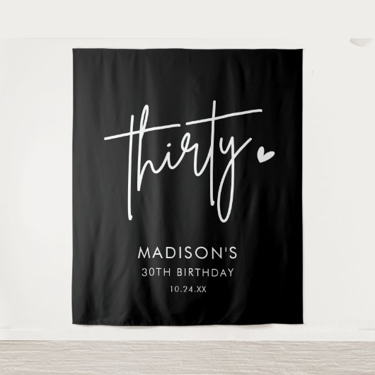 Zwarte Minimalistische Dertigste 30e Verjaardagsfe Wandkleed (Voorkant)