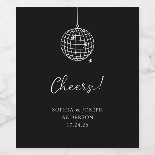 Zwarte minimalistische discobal | Bruiloft Wijn Etiket (Enkel label)