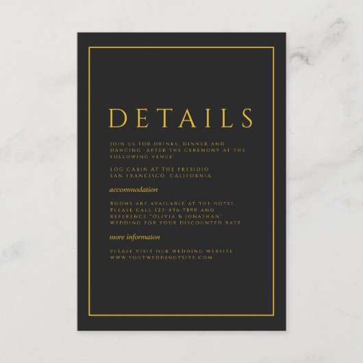 Zwarte minimalistische elegante bruiloft details informatiekaartje (Voorkant)