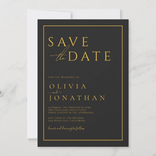 Zwarte minimalistische elegante bruiloft save the date (Voorkant)