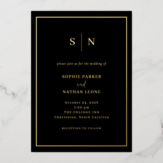 Zwarte minimalistische en chique grens bruiloft | folie uitnodiging (Voorkant)