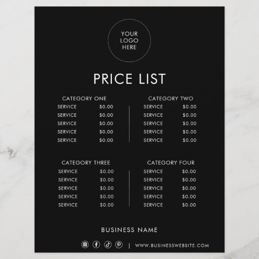 Zwarte minimalistische formele prijslijst (Voorkant)