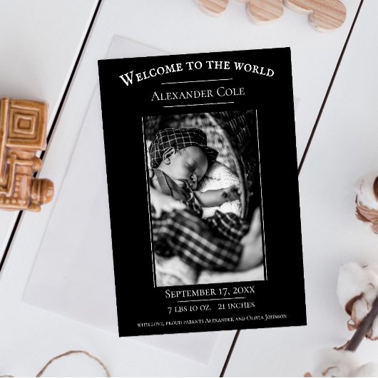 Zwarte minimalistische foto geboorteaankondiging aankondiging