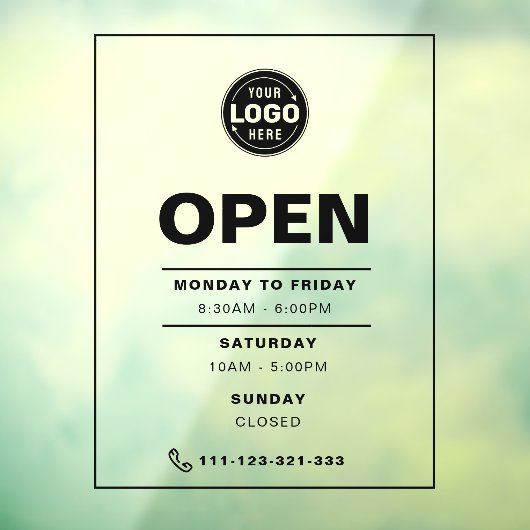 Zwarte minimalistische openingstijden met Logo Raamsticker (Vel 3)