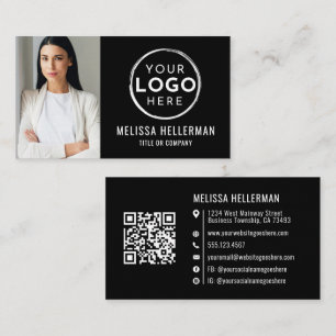 Zwarte Minimalistische Professionele Foto Logo QR  Visitekaartje