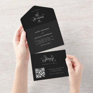 Zwarte Minimalistische Retro Typografie QR Code All In One Uitnodiging
