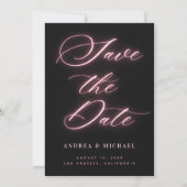Zwarte Minimalistische Roze Neon Foto & QR Code Tr Save The Date (Voorkant)