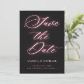Zwarte Minimalistische Roze Neon Foto & QR Code Tr Save The Date (Staand voorkant)