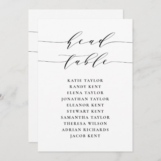 Zwarte Minimalistische Script Head Table Kaart (Voorkant / Achterkant)