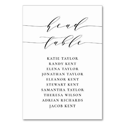 Zwarte Minimalistische Script Hoofdtafel Trouwfees Kaart (Voorkant)