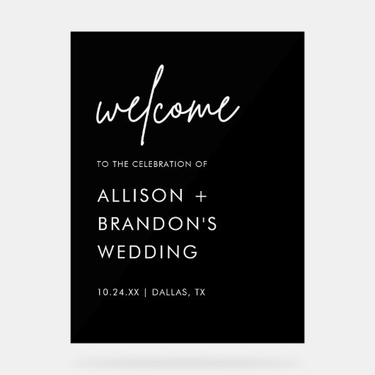 Zwarte Minimalistische Trouwbegroeting Acryl Bord (Voorkant)
