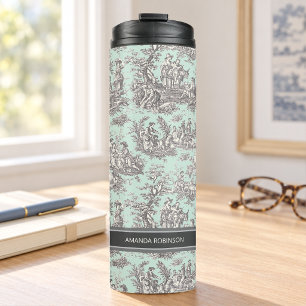 Zwarte mint toile de jouy gedrukt vintage thermosbeker