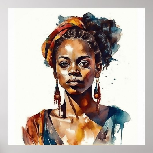 Zwarte Model Boho Hoge Mode Vrouw Aquarel Poster (Voorkant)
