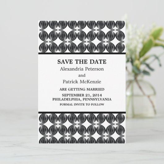 Zwarte Modern Deco Save the Date Uitnodiging (Staand voorkant)