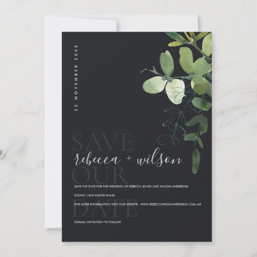 ZWARTE MODERN GROEN EUCALYPTUS FOLIAGE WATERVERF SAVE THE DATE (Voorkant)