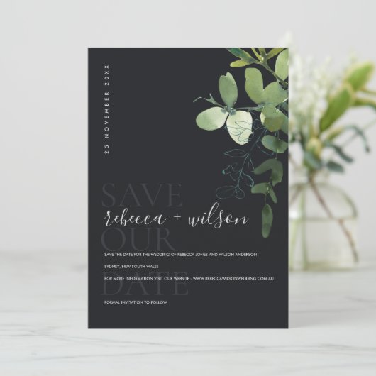 ZWARTE MODERN GROEN EUCALYPTUS FOLIAGE WATERVERF SAVE THE DATE (Staand voorkant)