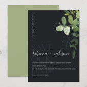 ZWARTE MODERN GROEN EUCALYPTUS FOLIAGE WATERVERF SAVE THE DATE (Voorkant / Achterkant)