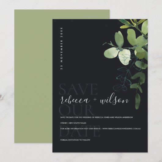 ZWARTE MODERN GROEN EUCALYPTUS FOLIAGE WATERVERF SAVE THE DATE (Voorkant / Achterkant)