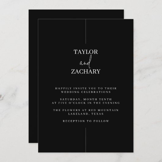 Zwarte moderne bruiloft nodigt schone lijnen uit kaart (Voorkant / Achterkant)