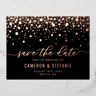 Zwarte moderne confetti roze gouden save the date folie uitnodiging briefkaart