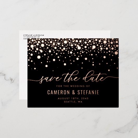 Zwarte moderne confetti roze gouden save the date folie uitnodiging briefkaart (Voorkant / Achterkant)