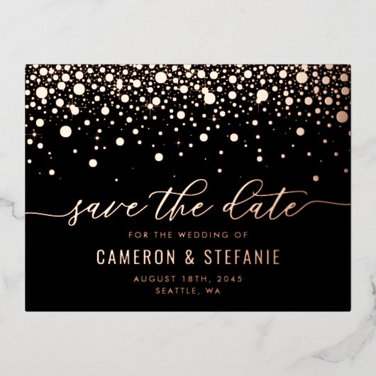 Zwarte moderne confetti roze gouden save the date folie uitnodiging briefkaart (Voorkant)