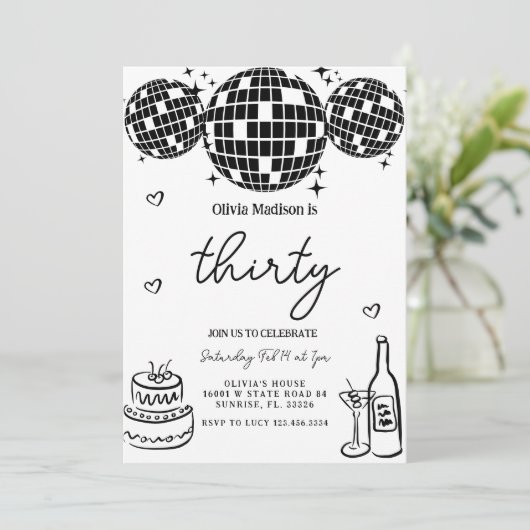 Zwarte moderne discobal 30e verjaardagsfeest kaart (Staand voorkant)